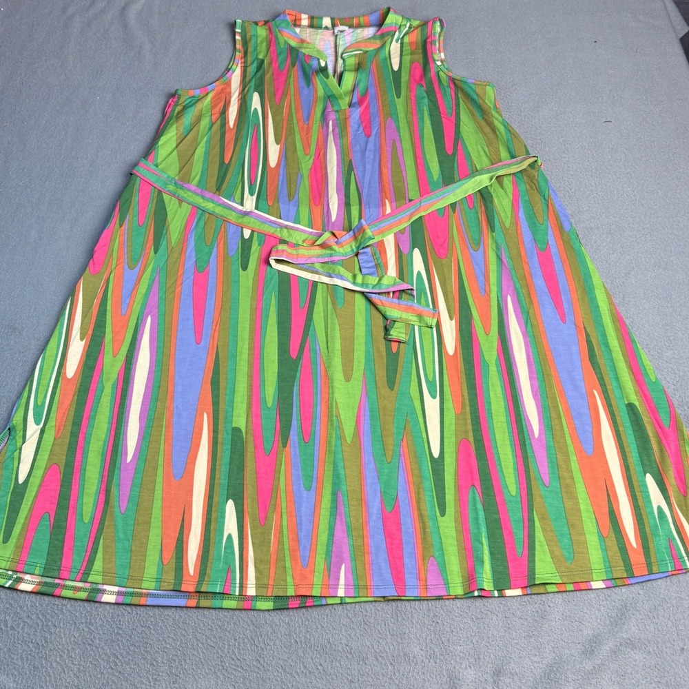 Sew In Love XL Sleeveless Abstract Psychedelic Print Tunic Tie Waist Dress Green